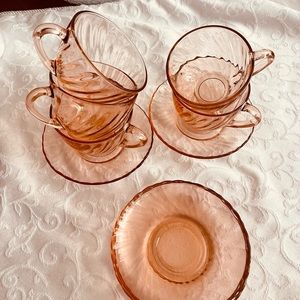Vintage 10 pieces Arcoroc France pink tea or coffee glass cups and saucers
